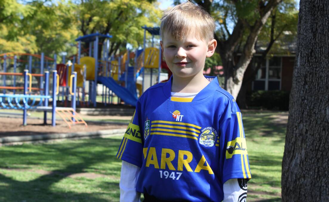 SUPERSTAR: Curtis Cory wore his brand new Parramatta Eels jersey (with his name on the back and Bevn French's number 5) to Moree Public School on Tuesday, dressing as himself (a Parramatta Eels player) for the Book Week parade.