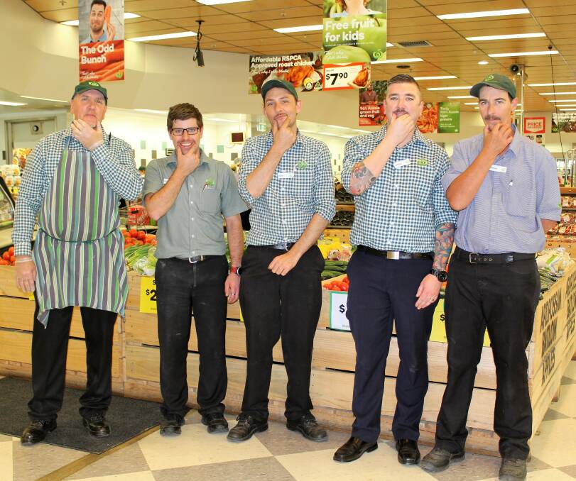 GROWING THE MO: Woolworths Moree team members Neil Grose, Brock Smith, Aaron Bulley, Jeremy Currell and Michael Anderson are participating in Movember this year.