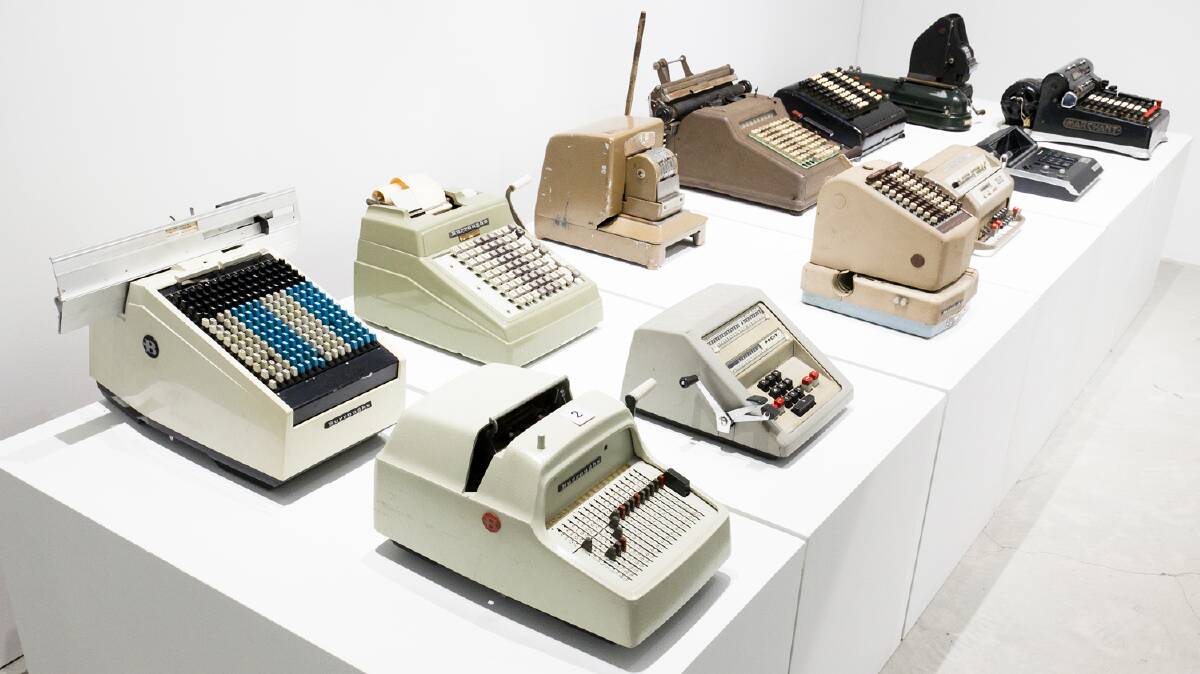A selection of vintage adding machines,1920s - 1980s, including Burrows, Facit
and Singer and Marchant brands, on loan from the Westpac Archives, is part of the Creative Accounting exhibition. Photo: silversalt