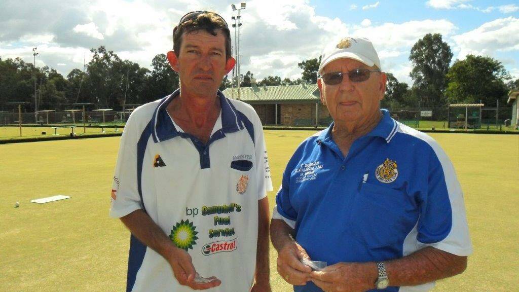 Runner-Up in the 2017 Gwydir District Singles Mark Kite being presented his RU badge by Zone President Darcy Churchland