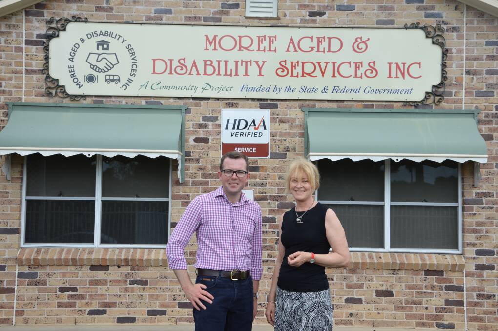 Northern Tablelands MP Adam Marshall and Moree Aged and Disability Services executive officer Michelle Harrison discuss plans to build a covered parking area at the Edward Street facility.