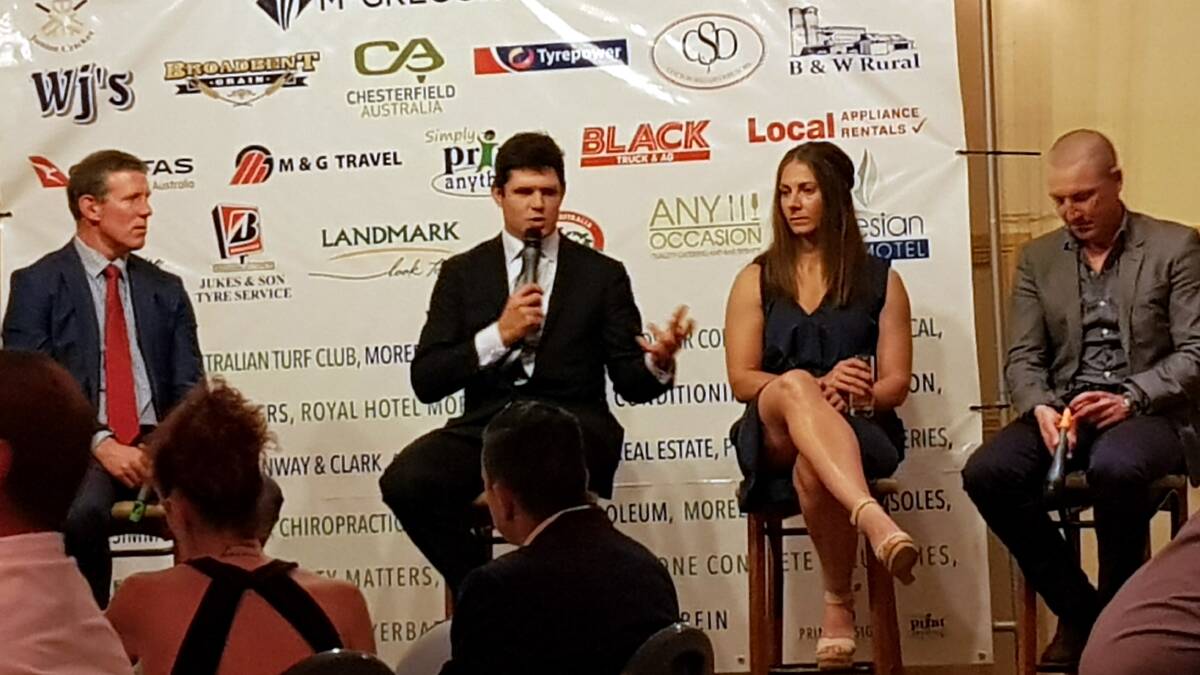 Tom Carter (second from left) responds to questions from emcee Jimmy Smith (left) during an insightful panel-style interview at the Moree Junior Cricket Club McGregor Gourlay-sponsored fundraiser on Saturday night, with Abbey McCulloch and Brad Haddin.