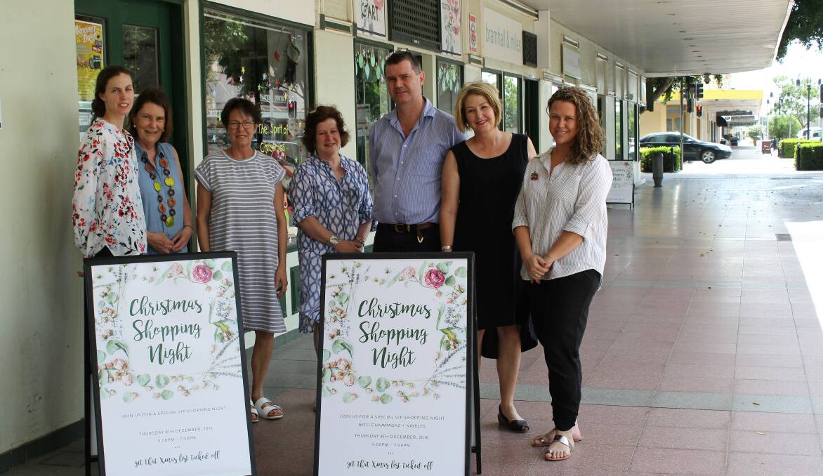 SHOP LOCAL: Moree business owners Kerrie Matchett (Moree Frame and Art), Gina Livingstone (Wise Words Bookshop), Victoria Creecy from Robin's Nest for Children, Gig Moses (The Moree Gallery), Stephen and Robyn Sparke (Stephen Sparke Jewellers) and Shallen Ryan (PR Interiors) encourage local shoppers to take advantage of their extended trading hours.