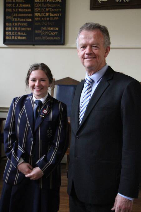 BIG ROLE: TAS Headmaster Murray Guest with Ellen Coote from Moree who has been appointed a prefect at TAS.