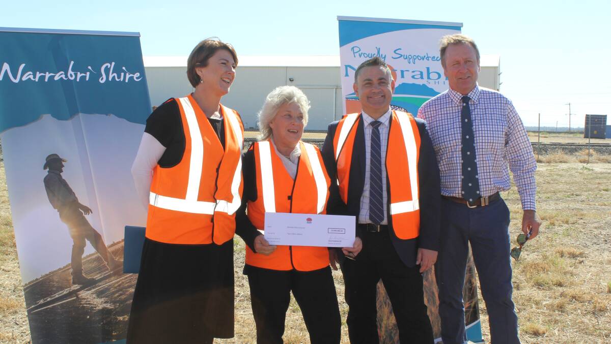 Minister for Roads, Maritime and Freight Melinda Pavey, Deputy Premier John Barilaro and Member for Barwon Kevin Humphries pictured with Narrabri mayor Cathy Redding (second from left) during their visit to Narrabri where they announced the opening of round one of the Fixing Country Rail program.