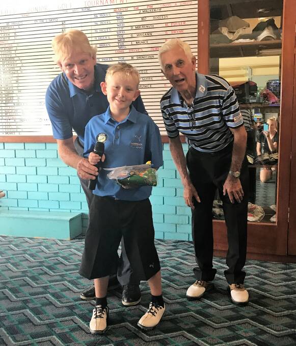 Aydan McGuire with Ballina golf pro Colin Edwards and Greg Norman's former coach Charlie Earp.