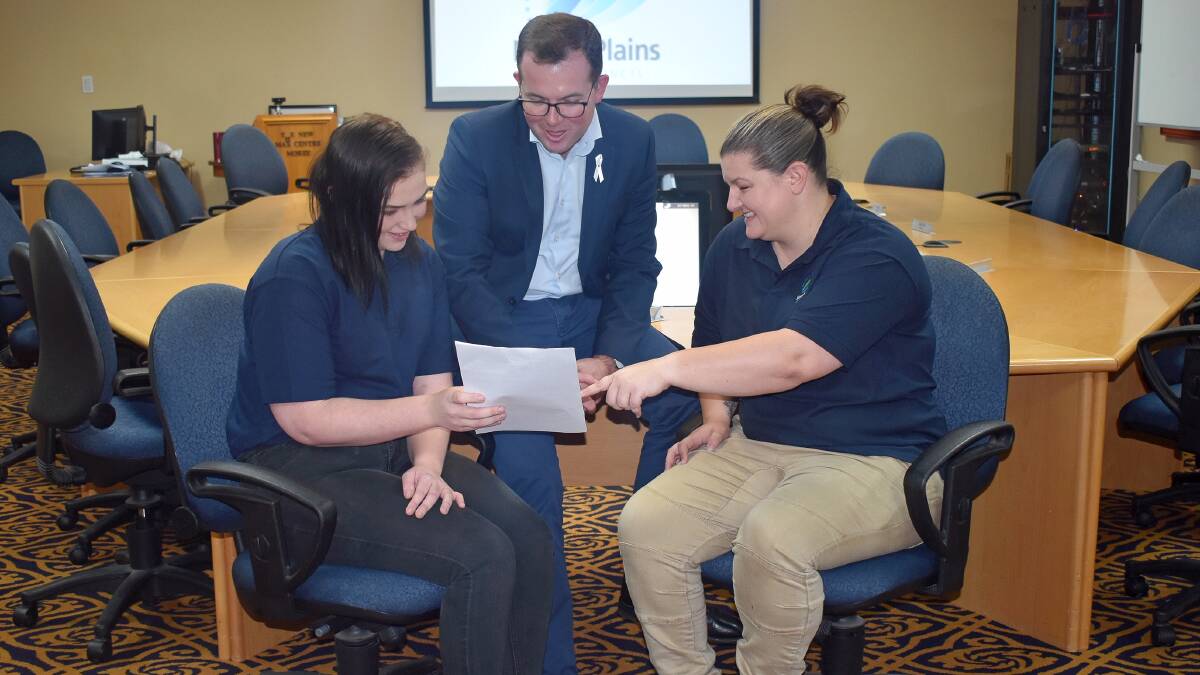 Moree Plains Shire Youth Council chairperson Skye Spooner, Northern Tablelands MP Adam Marshall and Moree Plains Shire Council community development officer Jackie Moore discussing plans for next year’s Careers Expo, made possible by a state government grant.