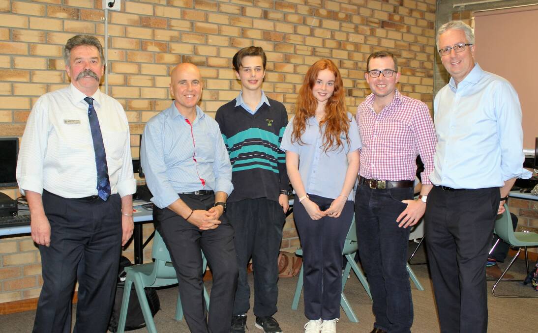 Moree Secondary College executive principal Peter Sheargold, Education Minister Adrian Piccoli, students Jake and Clare Muggleton, Northern Tablelands MP Adam Marshall and NSW Department of Education Secetary Mark Scott.