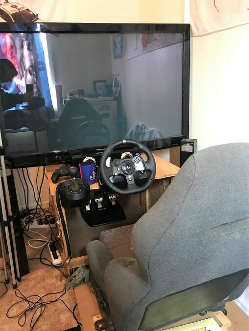 Dallas Evans' homemade simulator which he spends hours on each night playing Xbox motorsport games. 
