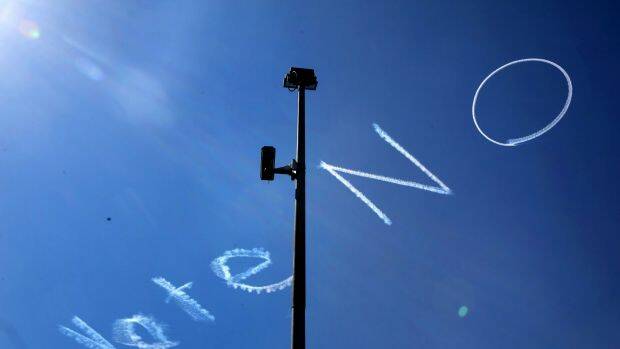 Skywriting above Sydney's CBD during the same-sex marriage campaign.  Photo: James Alcock