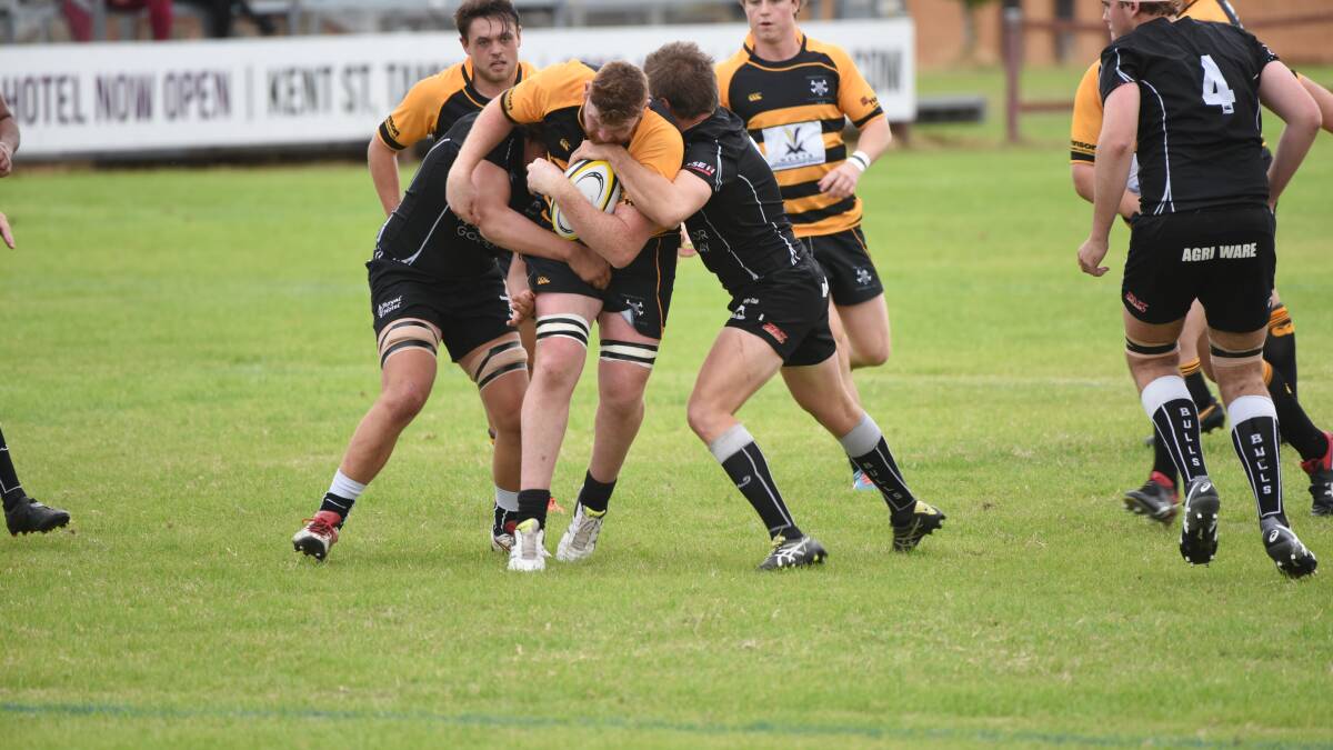 CRUNCH: Pirates lock Nic McCrohon in action during a polished 36-18 win over Moree at Tamworth on Saturday.