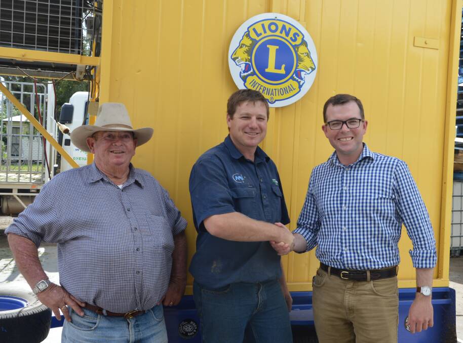 FUNDED: Moree Lions Kevin Johns, and Jock King and local MP Adam Marshall.
 