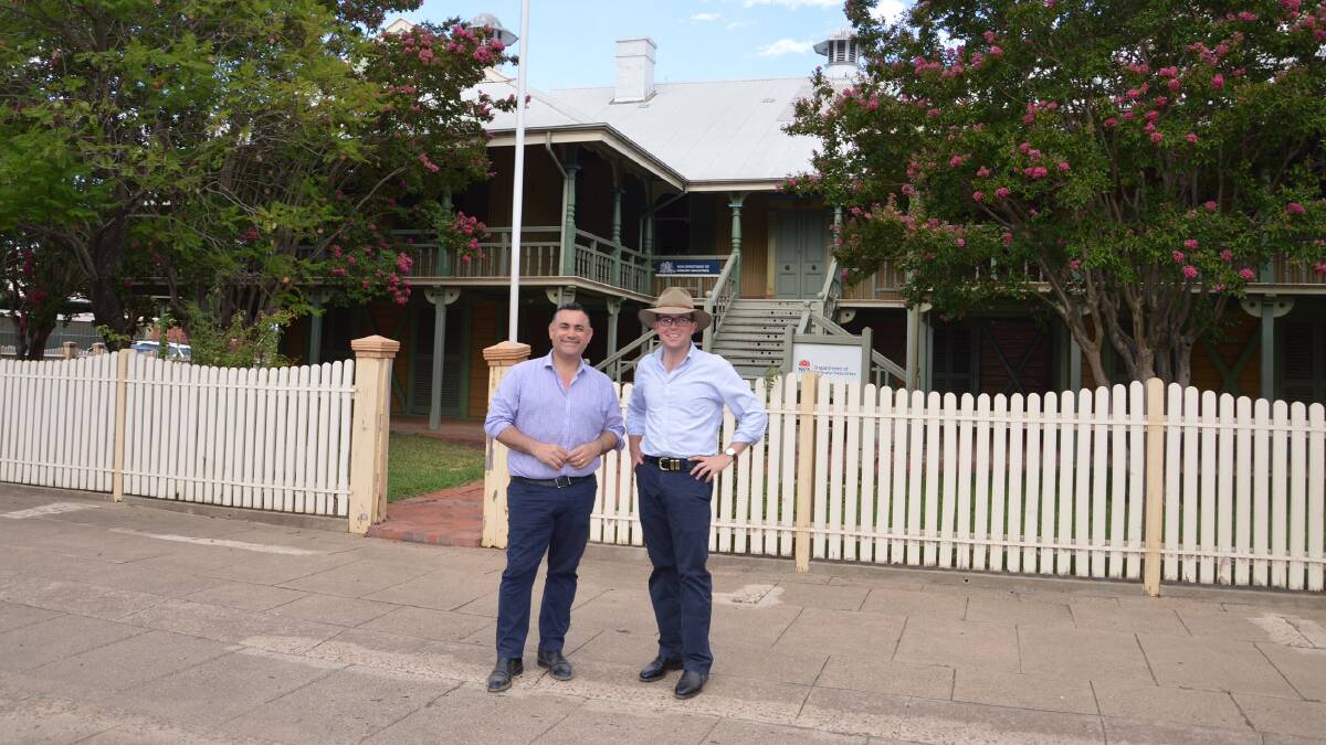 Protect iconic building: Northern Tablelands MP Adam Marshall, right, shows Deputy Premier John Barilaro the Moree Lands Office building during a recent visit. Photo: Supplied
