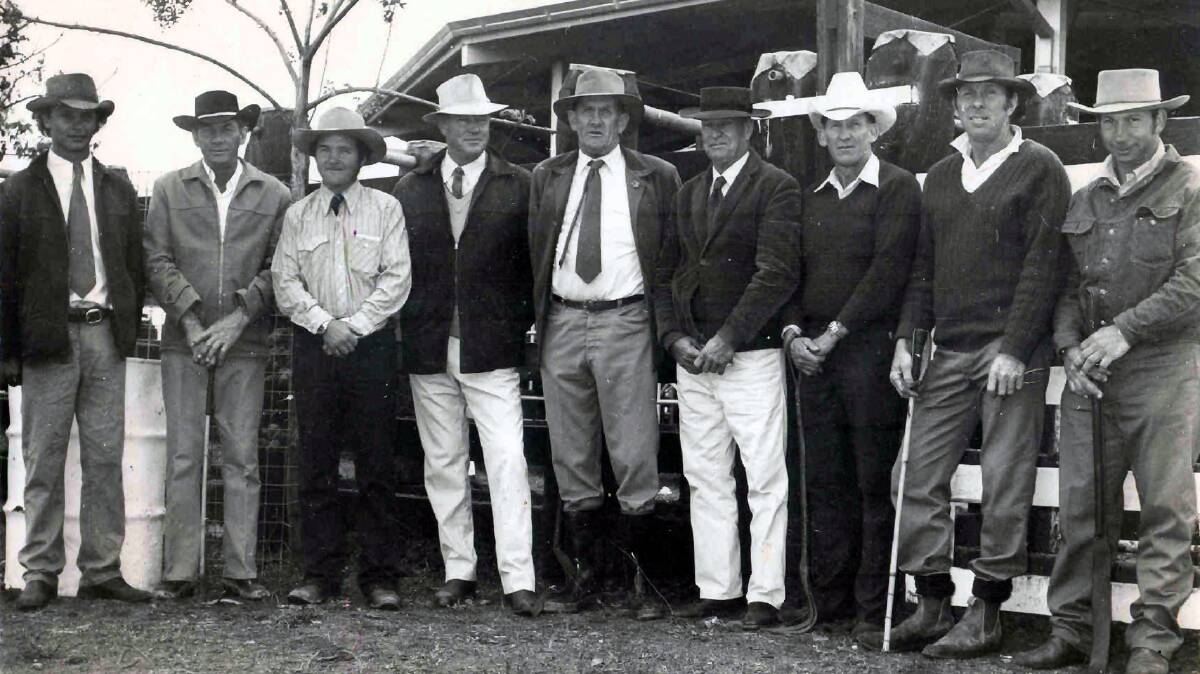 Tony Hyles, Neville Smith, Bruce McNeil, W.F. Munro, Albert Smith, Cyril White, Dave Goman, Roley White and Neville Bool at Webollabolla's 1975 sale. 