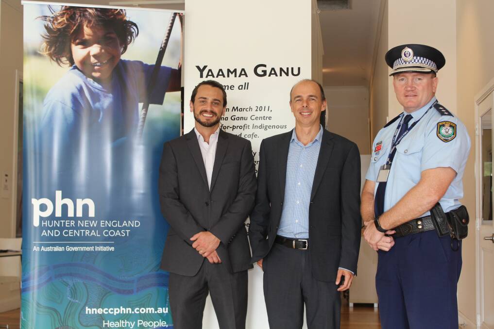 Launch: Ted Noffs Foundation clinical services manager Kieran Palmer and chief executive of PHN Richard Nankervis meet with Barwon LAC crime manager Detective Inspector David Silversides in Moree last week.