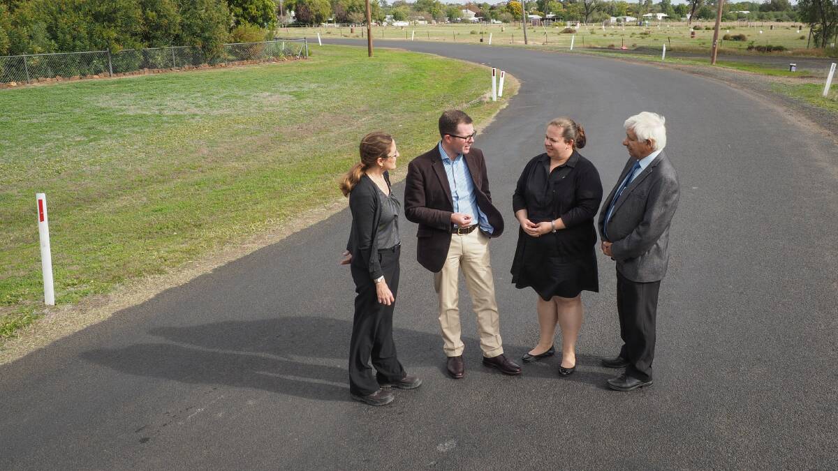 Moree Plains Shire Council’s Project and Development Manager Lila Fisher, former councillor Theo Tzannes, Road Safety Officer Renee McMillan and Northern Tablelands MP Adam Marshall inspect the old Mosquito Creek road at Pallamallawa before works began.