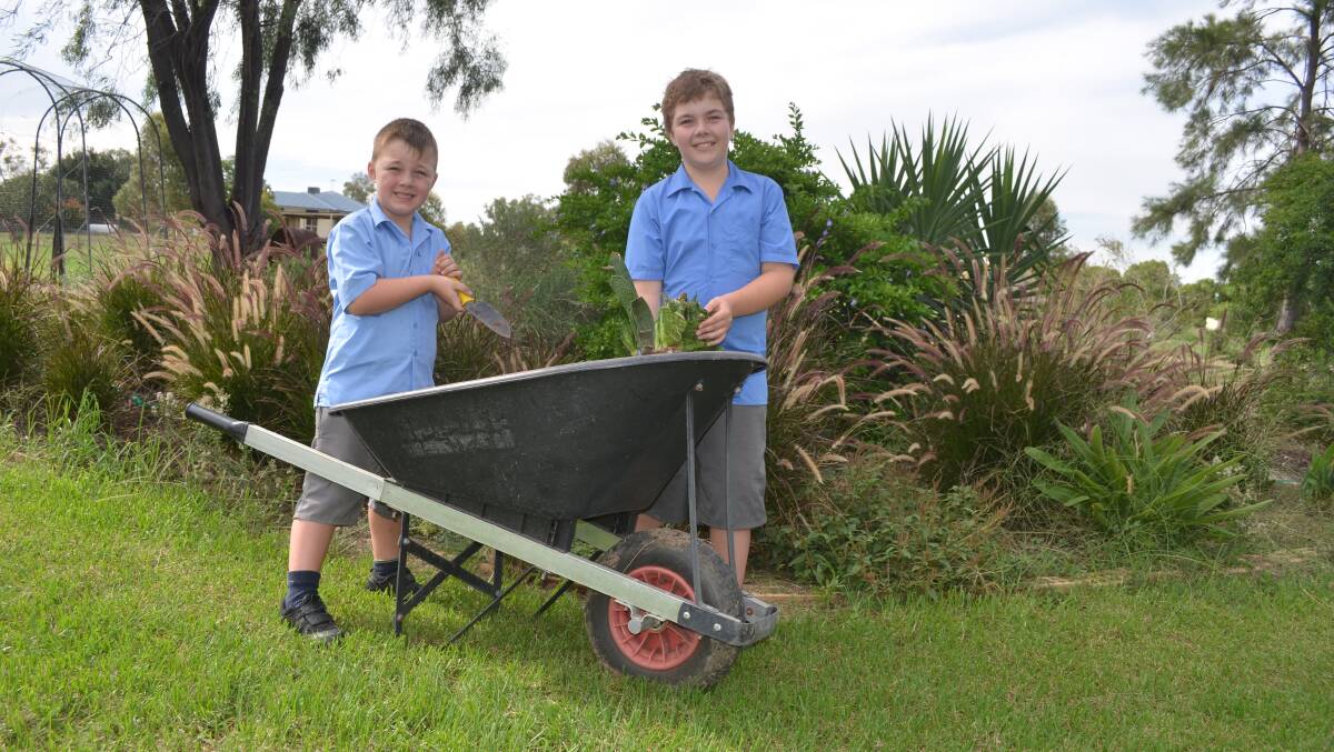 Cooper and Jared Hancock busy planting their wheelbarrow garden.