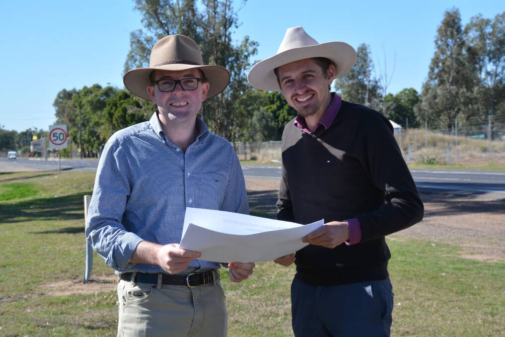 Northern Tablelands MP Adam Marshall and Moree Plains Shire Council project engineer Greg Fisher discussing plans for the new 600-metre shared pathway to be built in Boggabilla