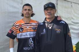 Lachie McGrady with his father, Barry, who won a premiership with the Moree Boars during his playing days. Picture supplied.