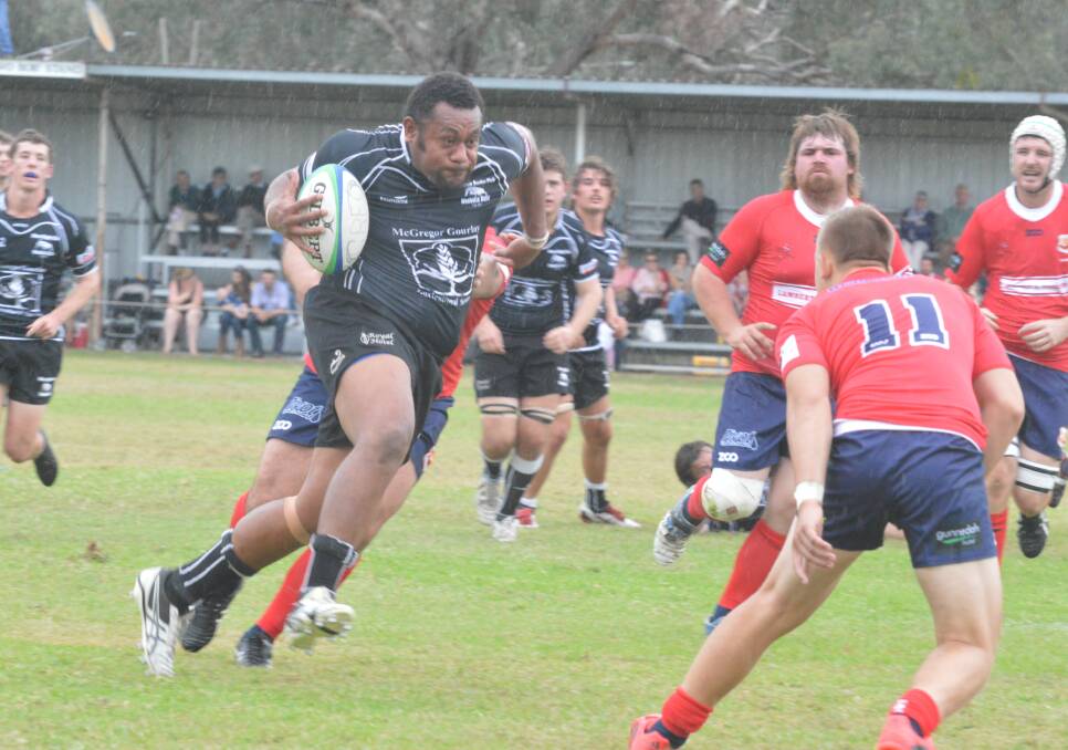 On the charge: Bulls prop Maciu Latabua sizes up the Gunnedah defence on this sideline burst during their opening round 21-all draw on Saturday.