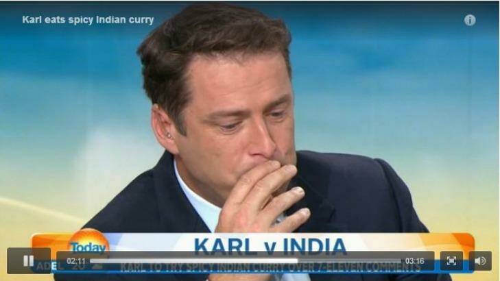 Karl Stefanovic eating a hot curry as a way of an apology. Photo: Channel 9