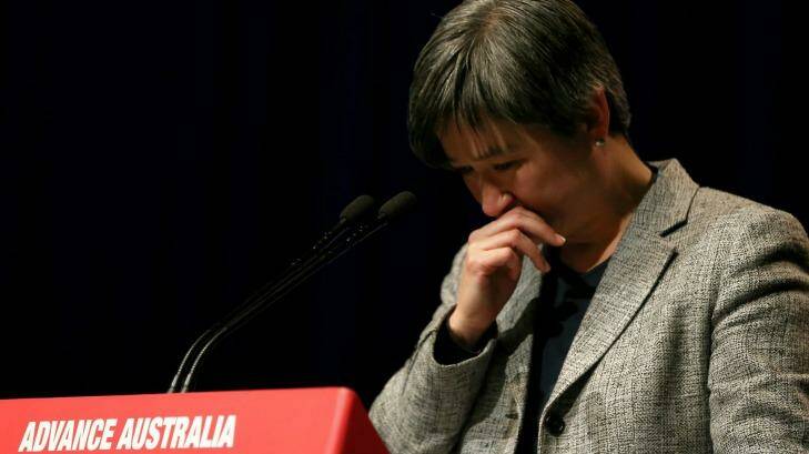 Senator Penny Wong becomes emotional during the Labor debate. Photo: Alex Ellinghausen