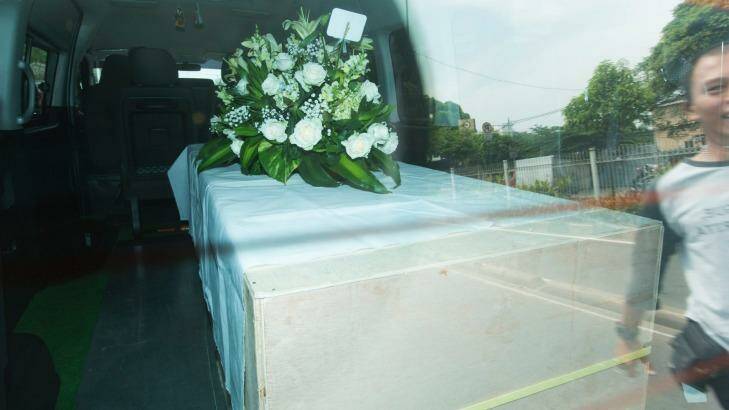 Andrew Chan's coffin leaves a funeral home in Jakarta. Photo: James Brickwood