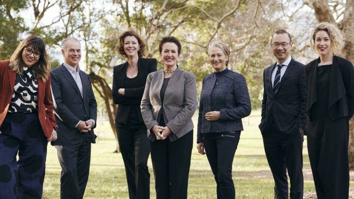 Lord mayor Clover Moore's ticket for council. From left: Jess Scully, Philip Thalis, Catherine Lezer, Clover Moore, Kerrin Phelps, Robert Kok and Jess Miller.  Photo: James Brickwood