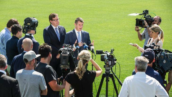 SYDNEY, AUSTRALIA - DECEMBER 08: NSW Premier Mike Baird gives a press conference on the Sydney lock out laws at Parramatta Stadium, with his deputy Troy Grant, on December 8, 2016 in Sydney, Australia. The laws will be here to stay for now but they will trail venues being able to stay open another 30min. (Photo by Jessica Hromas/Fairfax Media) Photo: Jessica Hromas