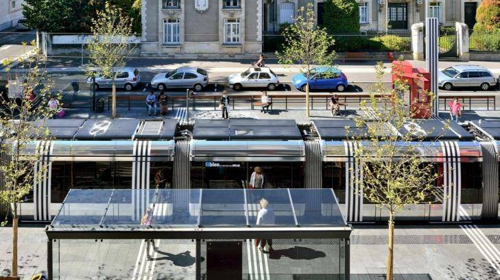 A light rail station in the city of Tours, France, with white and black motifs. Photo: Richez Associes