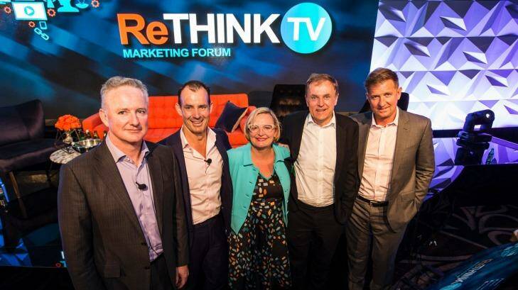 ThinkTV Conference, from left: Nine CEO Hugh Marks, Ten CEO Paul Anderson, ThinkTV CEO Kim Portrate, Foxtel CEO Peter Tonagh, and Seven CEO Tim Worner.  Photo: Louie Douvis