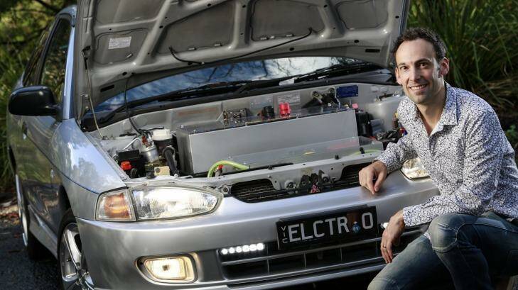 Justin Harding has converted a Mitsubishi Lancer to use an electric motor and batteries. Photo: Eddie Jim