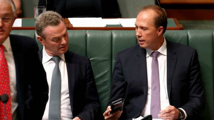 Minister Defence Industry Christopher Pyne and Minister for Immigration and Border Protection Peter Dutton.  Photo: Alex Ellinghausen
