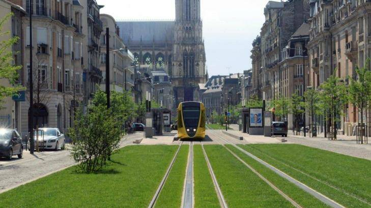 The tramway in Reims, with the cathedral in the background. Photo: Richez Associes