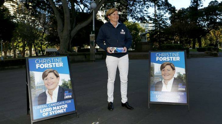 Christine Forster, a Liberal councillor in the City of Sydney and sister of former prime minister Tony Abbott, campaigns to become Sydney's lord mayor in Hyde Park. Photo: Daniel Munoz