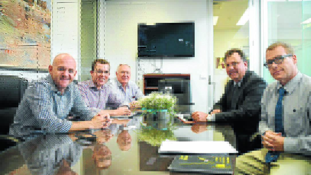 Lands, Water and Primary Industries Minister Niall Blair, Member for Northern Tablelands Adam Marshall and Nationals senator Rick Colless meet with Moree Plains Shire Council general manager Lester Rodgers and economic development manager Mark Connolly. 