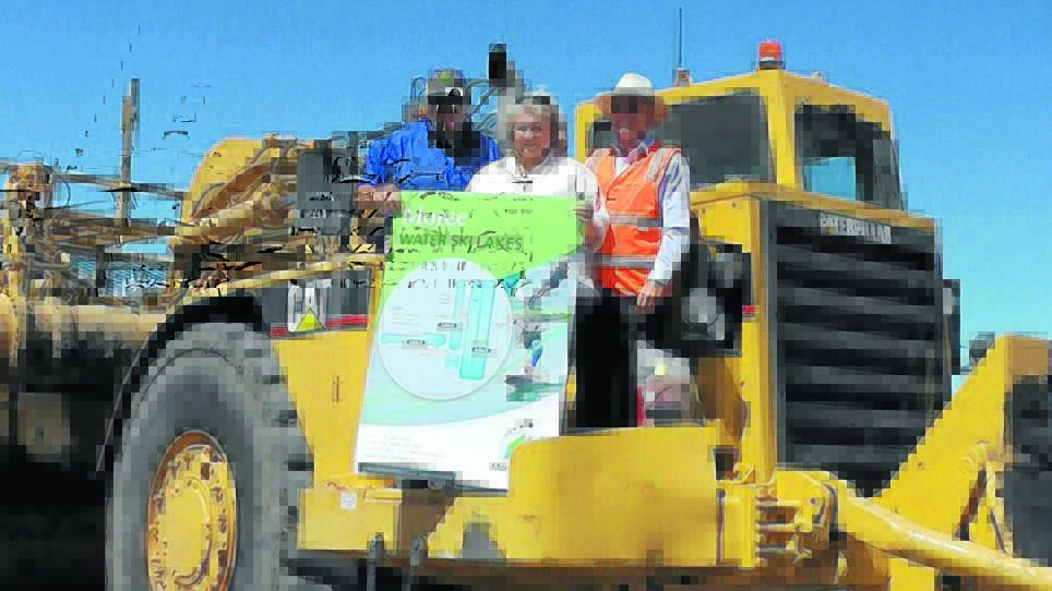 Moree water ski club’s Phil Christie, mayor Katrina Humphries and Wilde Civil’s Paul Wilde at the sod turning ceremony.