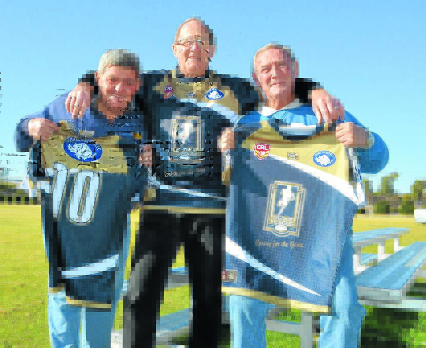 Former Boars Bruce Thompson, Jeff Greenaway and Barry Smith model the jerseys which will be worn on Sunday.