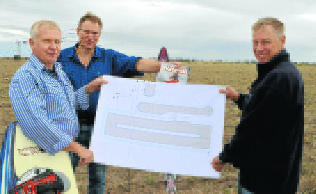 Moree Water Park Development Committee members Greg Croft, Guy Braybrook and councillor James von Drehnen with the masterplan which shows both the tournament and recreational lakes.