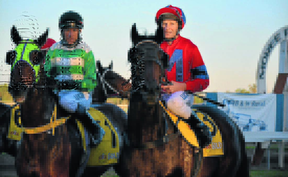 Peter Sinclair-trained One Double (right) wins the Moree Picnic Races' Boolooroo Cup on Saturday, followed closely by stablemate Planetarium (left). 