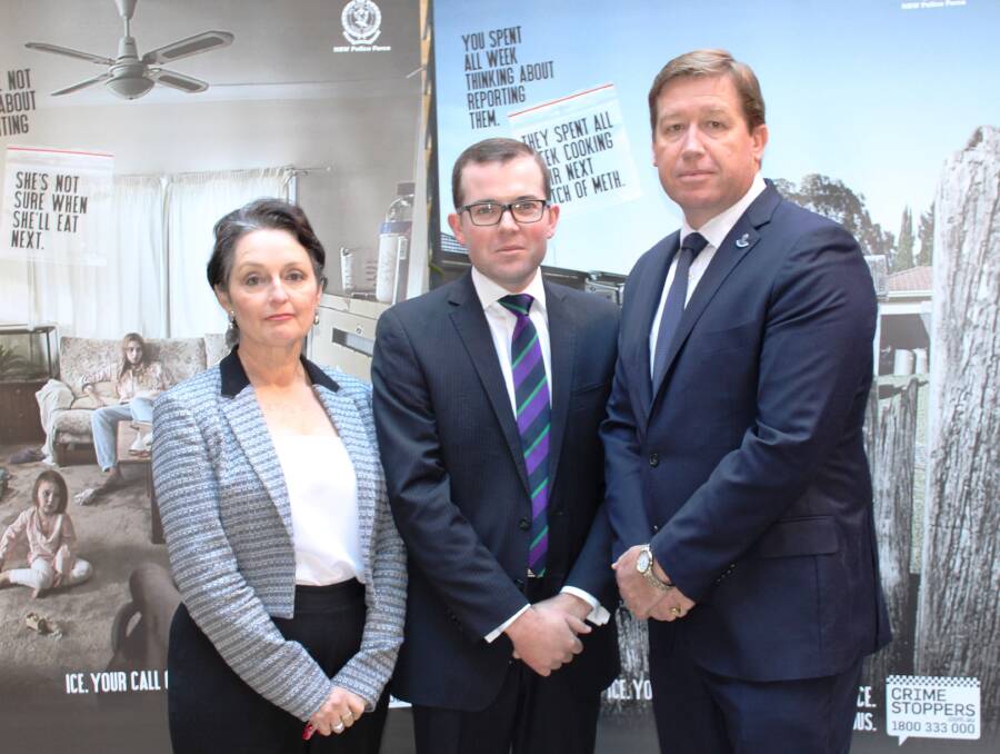 Member for Northern Tablelands Adam Marshall with Deputy Premier and Minister for Police Troy Grant and Assistant Health Minister Pru Goward at the launch of the new campaign against ice.