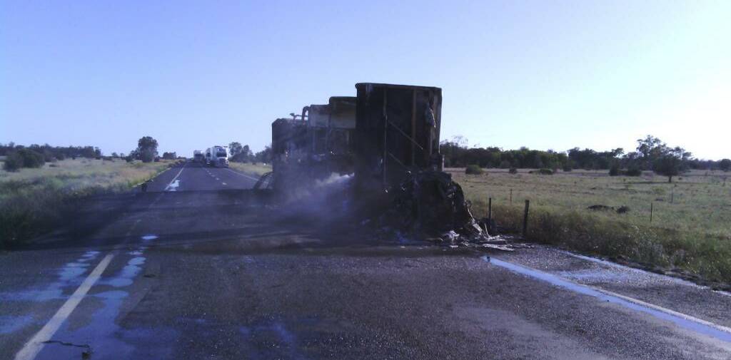 The remains of a B-double after it caught alight Tuesday morning north of Moree. Photo: Rural Fire Service