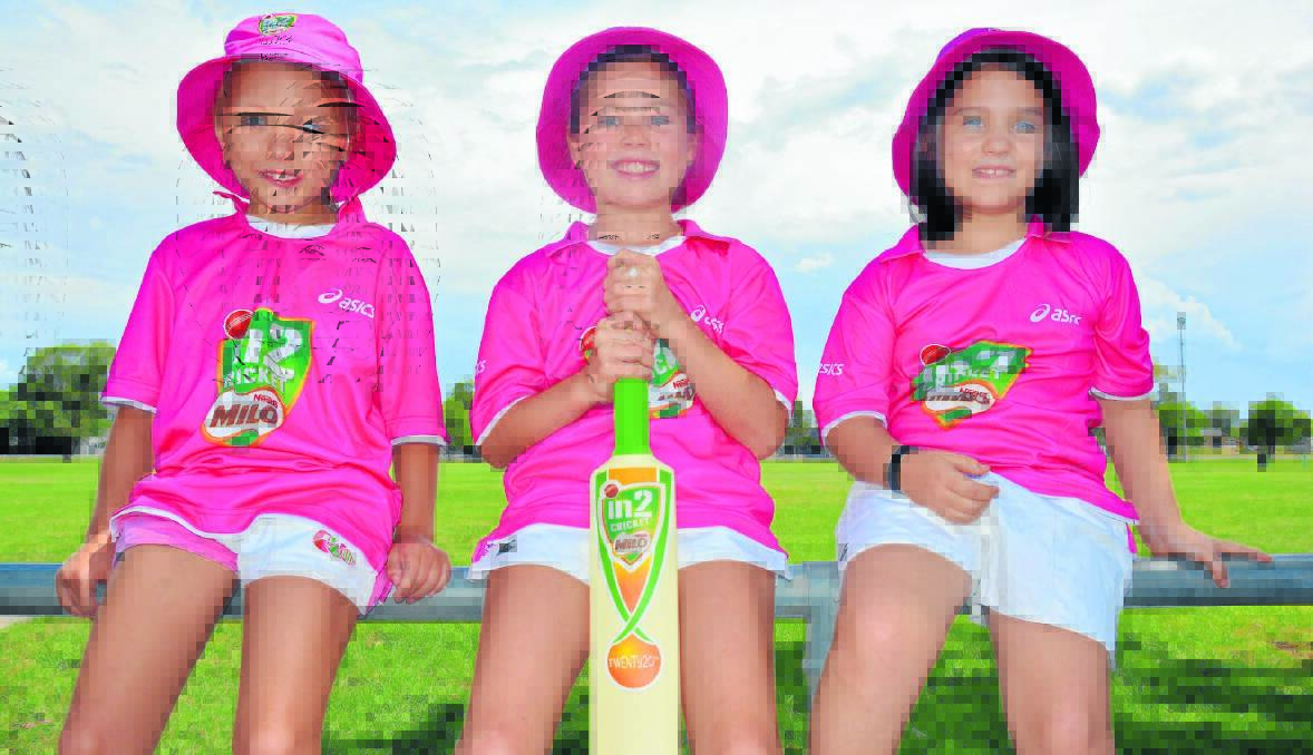 Hayley Heffernan, Bella Gobbert and Amara Weier pretty in their pink cricket shirts. Absent: Isabelle Savage and Isabelle Seigmeier.