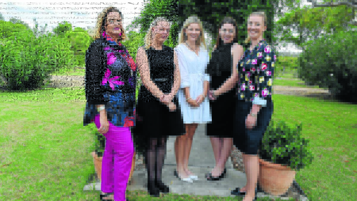 The 2015 Moree Showgirl entrants Telisha Lysaught, Kim Byrnes and Jess Brinkmann (middle) with stewardess Jane Rohde and 2014 Miss Showgirl Amber Boydell at judging on Saturday.