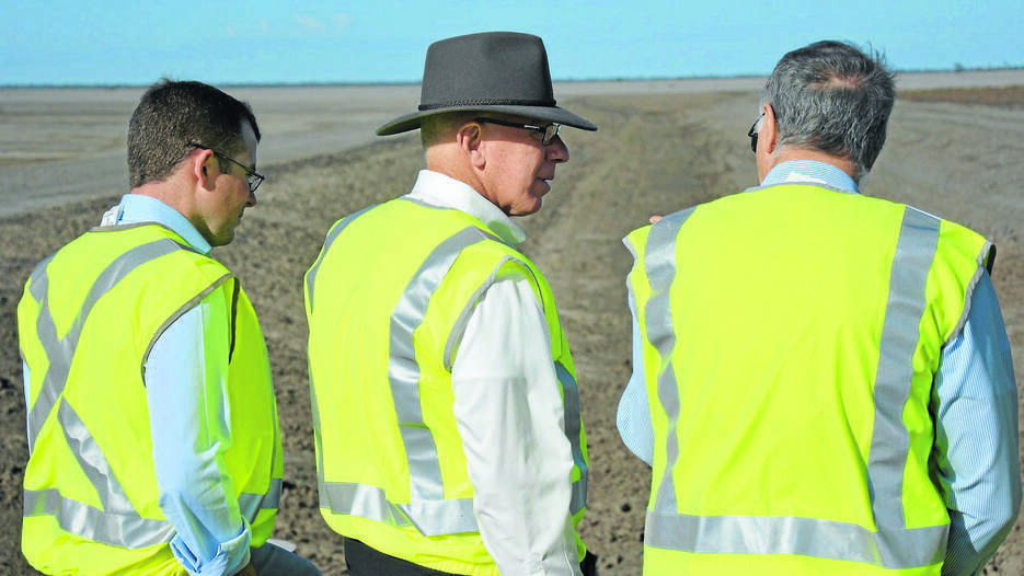 Governor David Hurley (centre) surveys the site of the future ski park with Adam Marshal (left) and Moree Plains Shire Council's John Carleton.