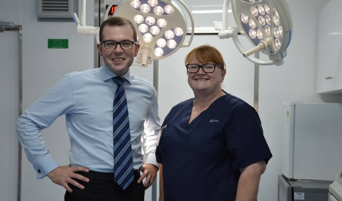 Northern Tablelands MP Adam Marshall with Moree Hospital’s Clinical Nurse Consultant – Preoperative Sharon Nash inside the Mobile Surgical Unit which will be in use during the $1.75 million refurbishment of the existing operating theatres.