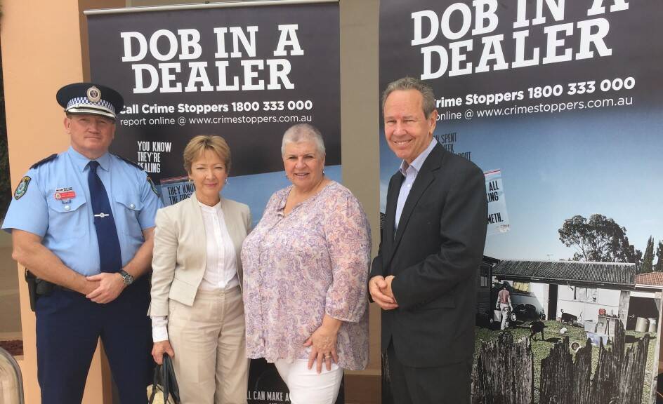 Detective Inspector, Crime Manager David Silversides, Linda Woodbridge, Community Drug and Alcohol Team, Moree, Moree Mayor Katrina Humphries, and NSW Crime Stoppers Chair Rob Forsyth at yesterday’s launch.