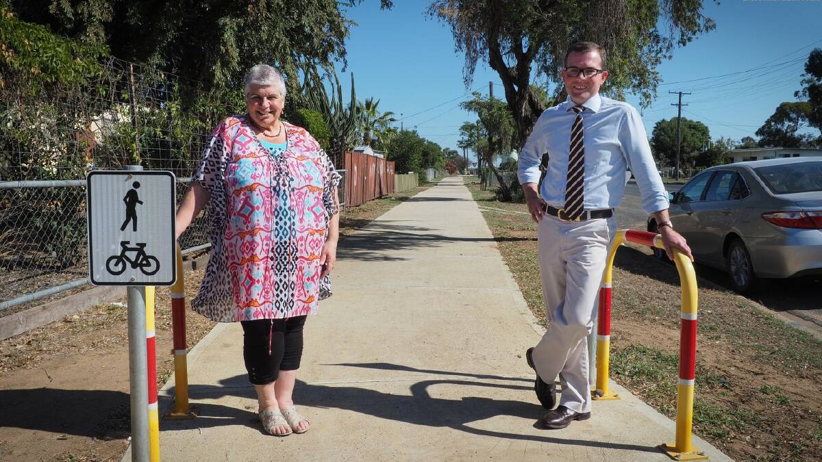 Moree Plains Shire Council Mayor, Katrina Humphries, with MP Adam Marshall on a      section of upgraded footpath on Adelaide Street, adjacent to the area soon to be upgraded.