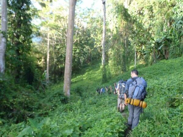 Tim McCarthy and fellow trekkers in the jungle where Australian soldiers fought