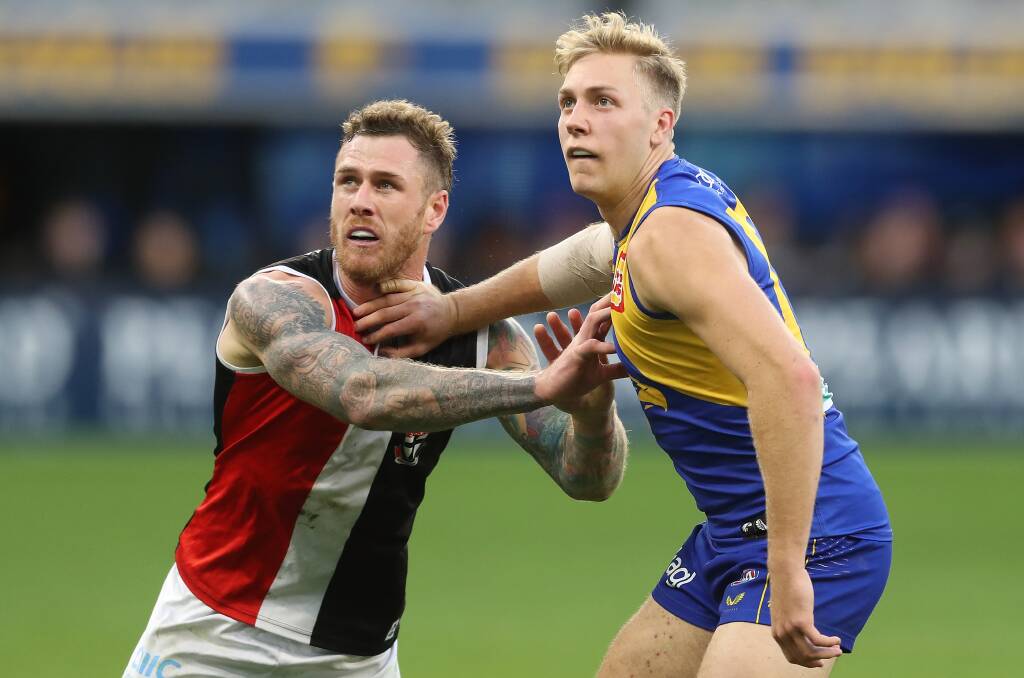 Saints' Tim Membrey contests a ruck with Eagles' Oscar Allen. Pictures: Getty